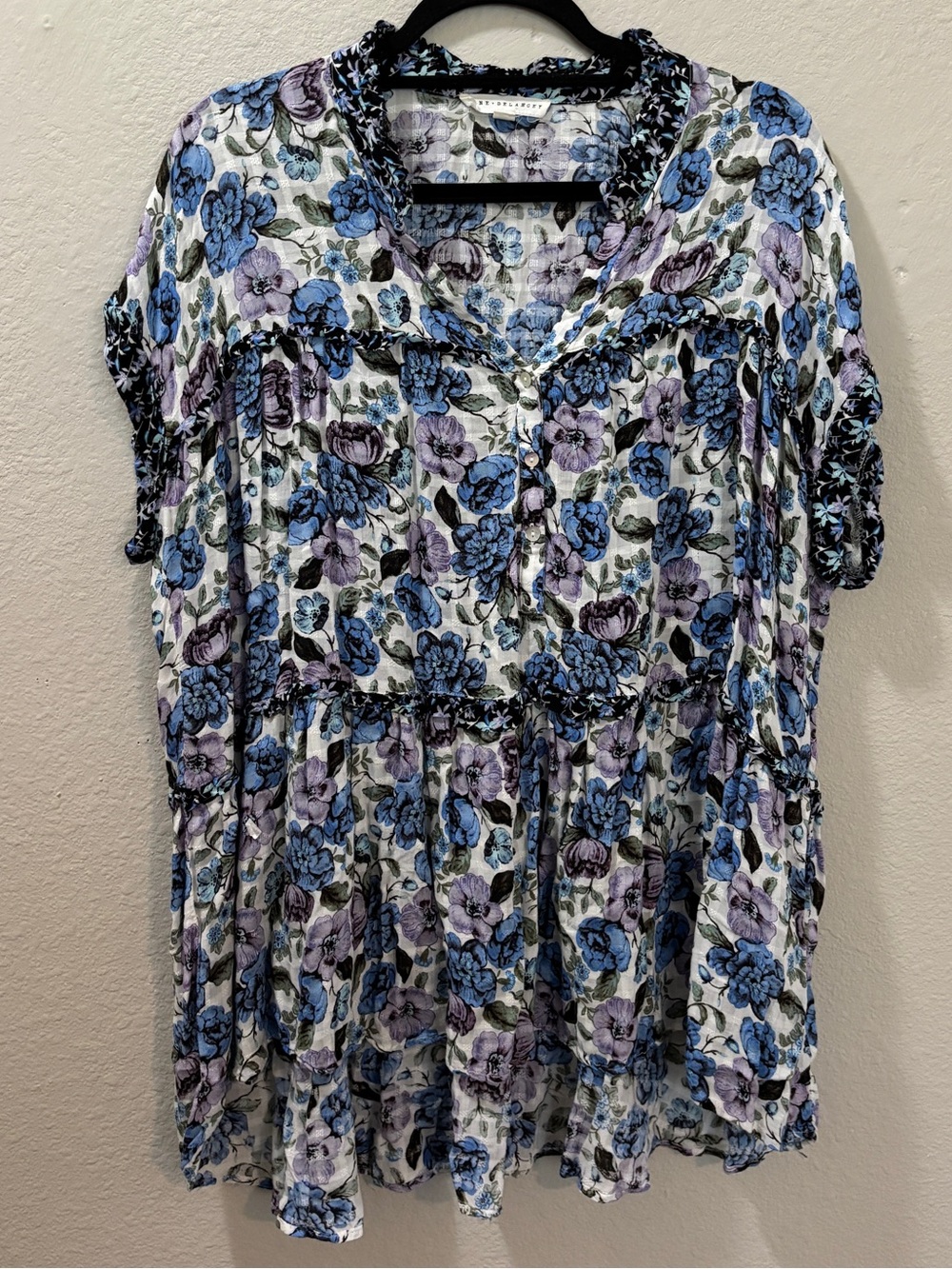 Jane + Delancey Floral Tiered Tunic Blouse Blue Purple Ruffle Blouse Size XL